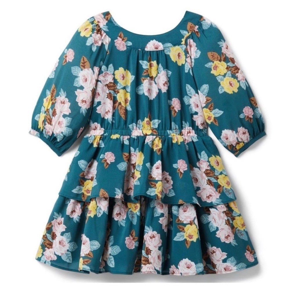 Janie and Jack Girls Floral Tiered Puff Sleeve Dress Green Pink Size 6 Spring